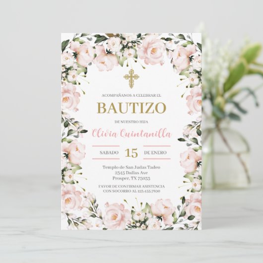 Blush roze bloemendoop Spaanse uitnodiging (Staand voorkant)