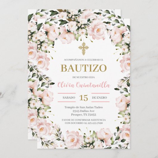 Blush roze bloemendoop Spaanse uitnodiging (Voorkant / Achterkant)