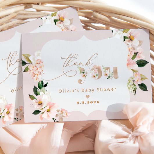 Blush roze bloemenelegant baby shower dank u kaart