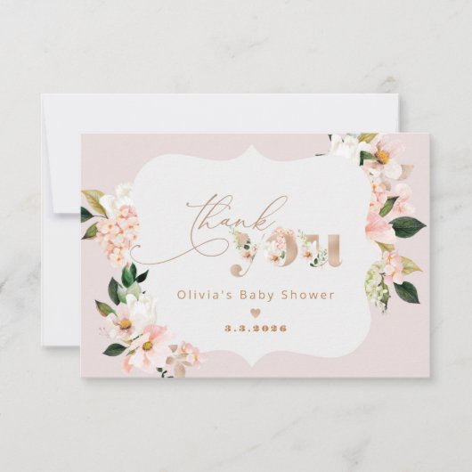 Blush roze bloemenelegant baby shower dank u kaart (Voorkant)