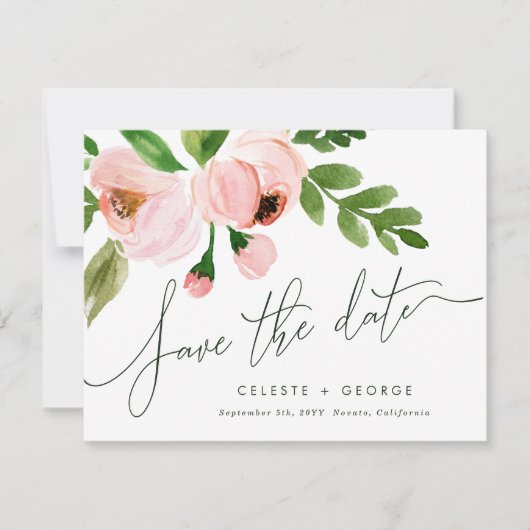 Blush roze bloemenelegant sparen de datum aankondiging (Voorkant)
