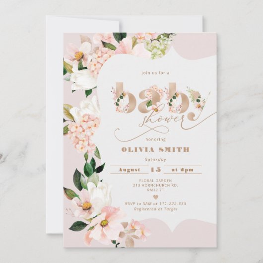 Blush roze bloemenelegante baby meisje douche kaart (Voorkant)