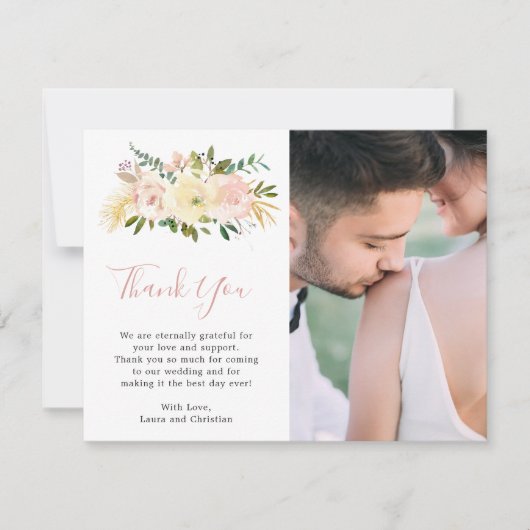 Blush roze bloemenfoto elegante bruiloft bedankkaart (Voorkant)