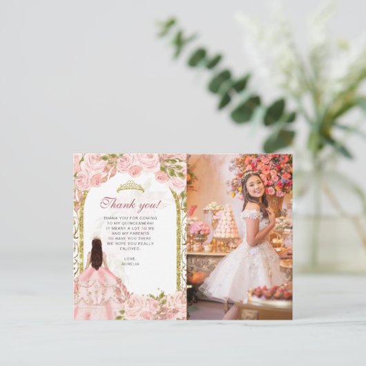 Blush roze bloemenfoto Quinceañera Dank u Briefkaart (Staand voorkant)