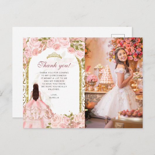 Blush roze bloemenfoto Quinceañera Dank u Briefkaart (Voorkant / Achterkant)