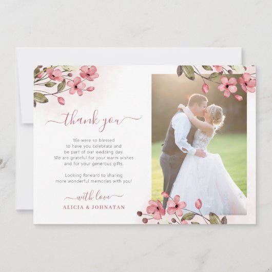 Blush roze bloemenfoto's 2 elegante script bruilof bedankkaart (Voorkant)