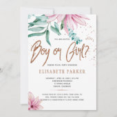 Blush roze bloemenglitter baby gender reveal party kaart (Voorkant)