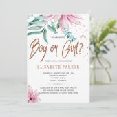 Blush roze bloemenglitter baby gender reveal party kaart (Staand voorkant)