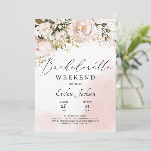 Blush roze bloemengoud boho vrijgezellenfeest kaart (Staand voorkant)