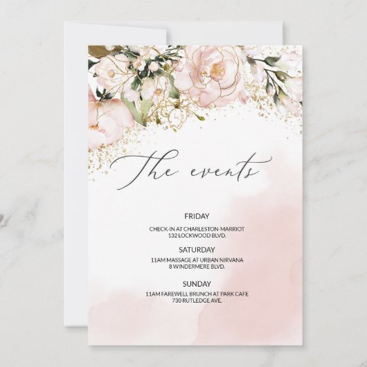 Blush roze bloemengoud boho vrijgezellenfeest kaart (Achterkant)