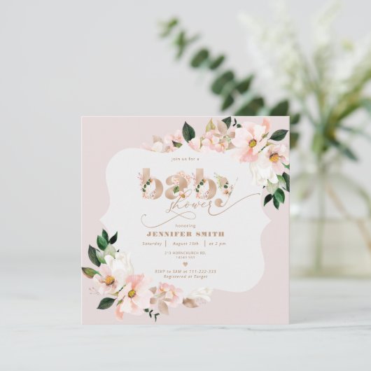 Blush roze bloemengoud folie baby girl shower kaart (Staand voorkant)