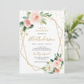 Blush roze bloemengoud geometrisch lijst bruids kaart (Staand voorkant)