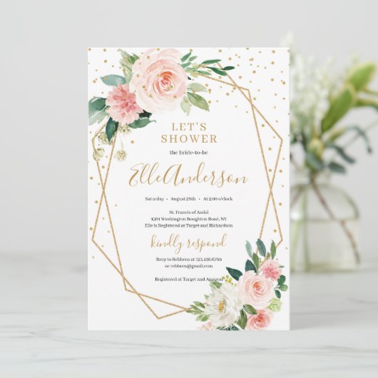 Blush roze bloemengoud geometrisch lijst bruids kaart (Staand voorkant)