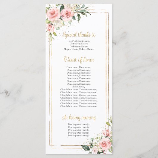 Blush roze bloemengoud geometrisch lijst Quinceane Programmakaart (Achterkant)
