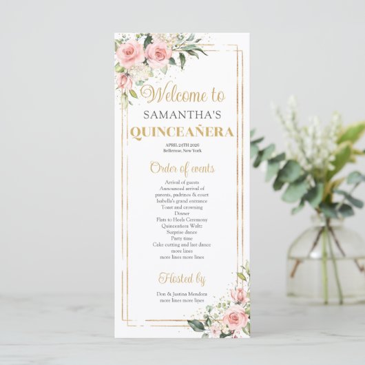 Blush roze bloemengoud geometrisch lijst Quinceane Programmakaart (Staand voorkant)