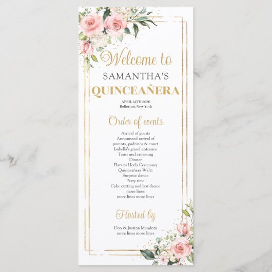 Blush roze bloemengoud geometrisch lijst Quinceane Programmakaart (Voorkant)