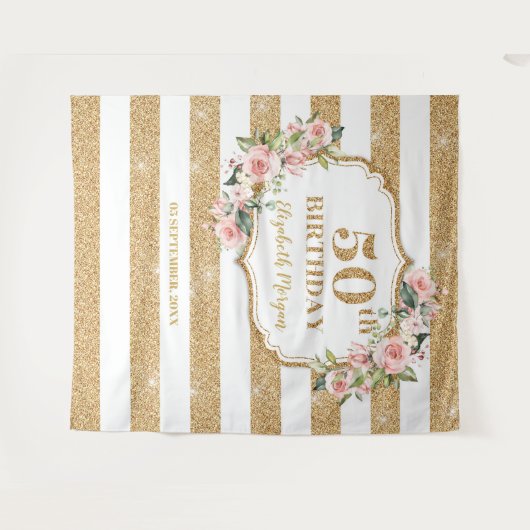 Blush roze bloemengoud glitter 50ste verjaardag wandkleed (Voorkant (horizontaal))