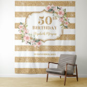 Blush roze bloemengoud glitter 50ste verjaardag wandkleed (In situ)