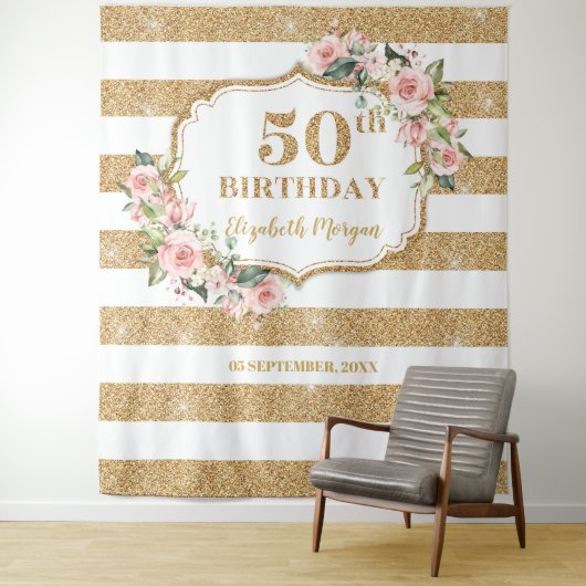 Blush roze bloemengoud glitter 50ste verjaardag wandkleed (In situ)