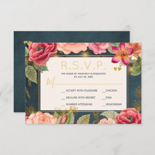 Blush roze bloemengoud marine elegante bruiloft rv RSVP kaartje (Voorkant / Achterkant)