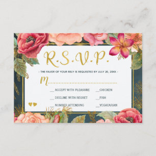 Blush roze bloemengoud marine typografie bruiloft  RSVP kaartje