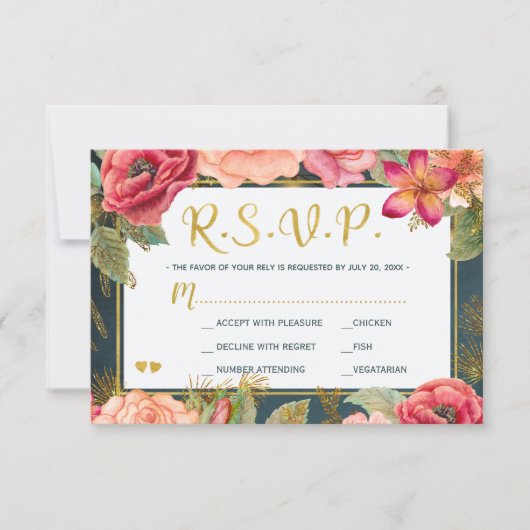 Blush roze bloemengoud marine typografie bruiloft RSVP kaartje (Voorkant)