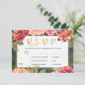 Blush roze bloemengoud marine typografie bruiloft RSVP kaartje (Staand voorkant)