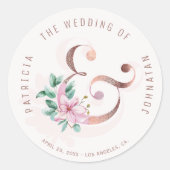 Blush roze bloemengoud roos ampersand bruiloft ronde sticker (Voorkant)