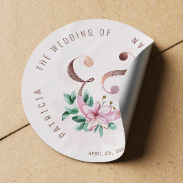 Blush roze bloemengoud roos ampersand bruiloft ronde sticker