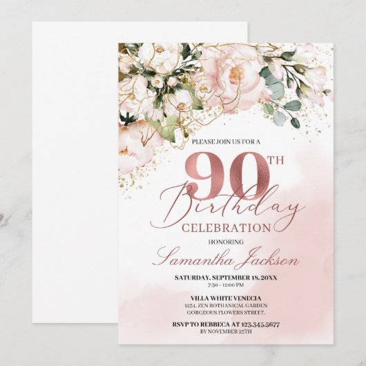 Blush roze bloemengoud roos boho 90ste verjaardag kaart (Voorkant / Achterkant)