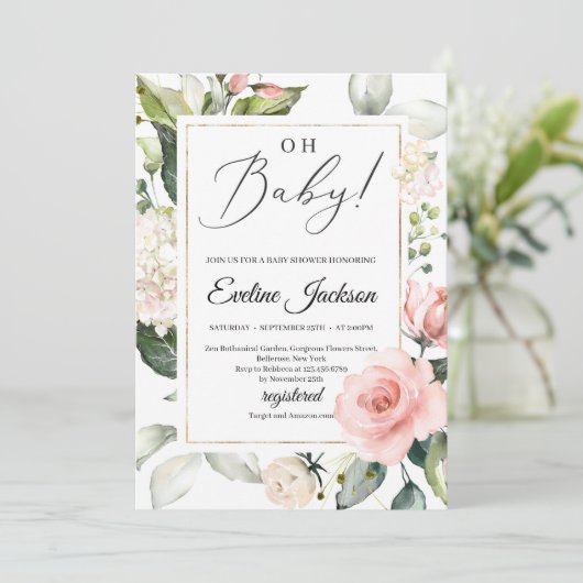 Blush roze bloemengroen lijst goud Oh Baby Kaart (Staand voorkant)