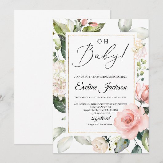Blush roze bloemengroen lijst goud Oh Baby Kaart (Voorkant / Achterkant)