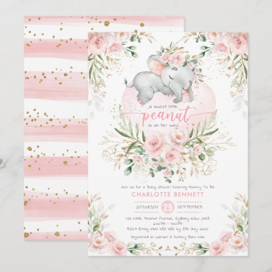 Blush roze bloemengroen olifant Baby shower Kaart (Voorkant / Achterkant)