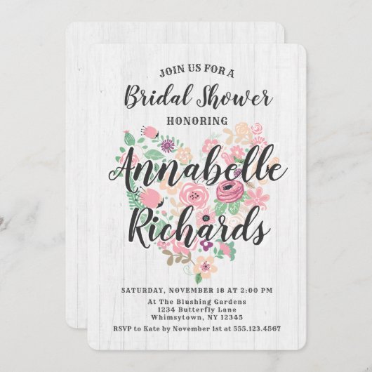 Blush roze bloemenhart bruids douche uitnodiging (Voorkant / Achterkant)