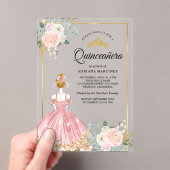 Blush roze bloemenjurk Princess Gold Quinceanera Acryl Uitnodigingen (Insitu (Draagbaar))