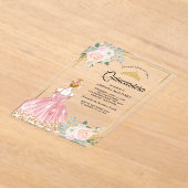 Blush roze bloemenjurk Princess Gold Quinceanera Acryl Uitnodigingen (Laagn)