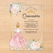 Blush roze bloemenjurk Princess Gold Quinceanera Acryl Uitnodigingen (Voorkant)