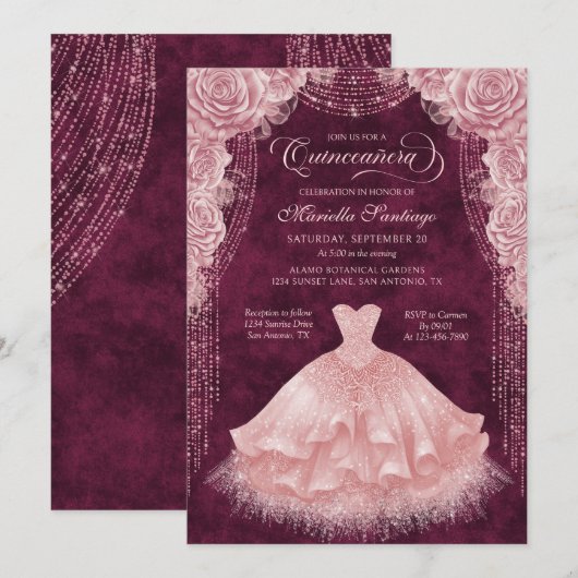 Blush roze bloemenjurk Quinceanera uitnodiging (Voorkant / Achterkant)