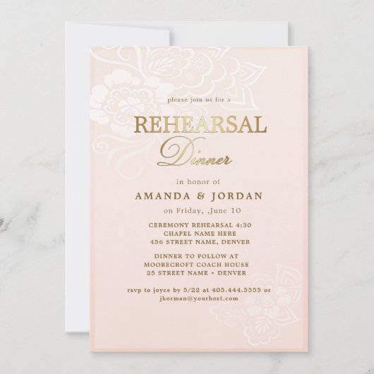 Blush roze bloemenkant bruiloft repetitie diner kaart (Voorkant)