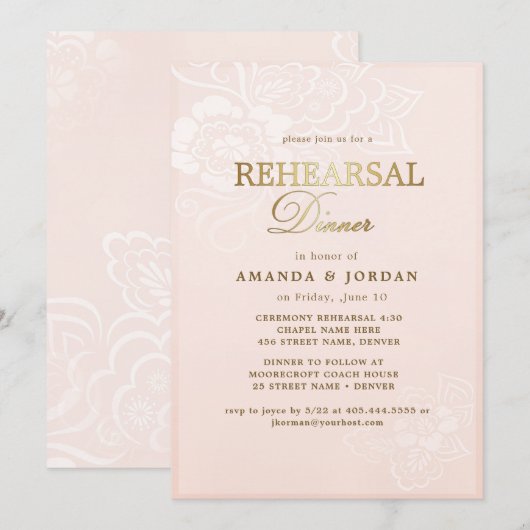 Blush roze bloemenkant bruiloft repetitie diner kaart (Voorkant / Achterkant)