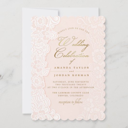 Blush roze bloemenkant bruiloft uitnodiging (Voorkant)