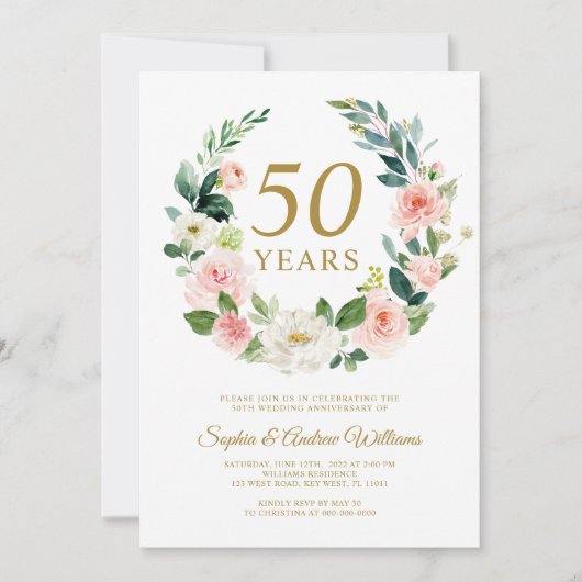 Blush roze bloemenkrans 50e bruiloft Jubileum Kaart (Voorkant)