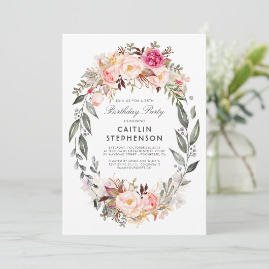 Blush roze bloemenkrans Elegant verjaardagsfeestje Kaart (Staand voorkant)