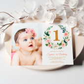 Blush roze bloemenkrans foto 1e verjaardag kaart