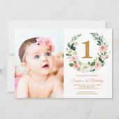 Blush roze bloemenkrans foto 1e verjaardag kaart (Voorkant)