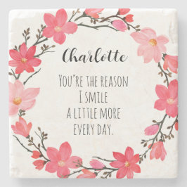  Blush Roze Bloemenkrans Typografie Naam Stenen Onderzetter