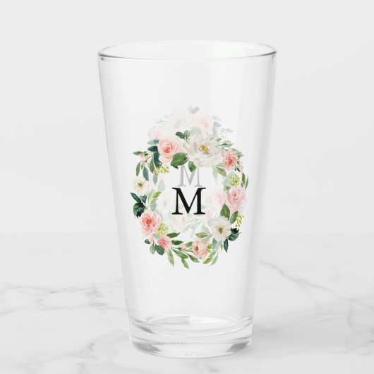 Blush roze bloemenkrans Waterverf monogram Glas (Achterkant)