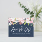 Blush roze bloemenmarineblauw Save the date Briefkaart (Staand voorkant)