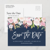 Blush roze bloemenmarineblauw Save the date Briefkaart (Voorkant / Achterkant)