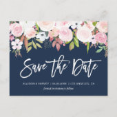 Blush roze bloemenmarineblauw Save the date Briefkaart (Voorkant)